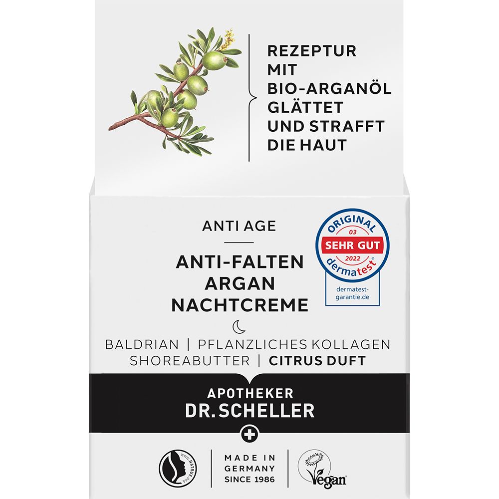 Verpakking van anti-rimpel argan nachtcrème. Bevat biologische arganolie. Met Dermatest-zegel.
