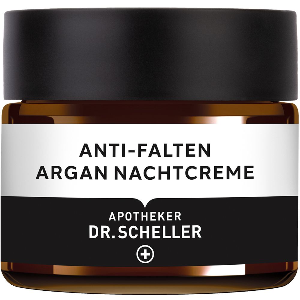 Potje anti-rimpel argan nachtcrème. Bruin glas, zwarte deksel. Wit etiket met productnaam.