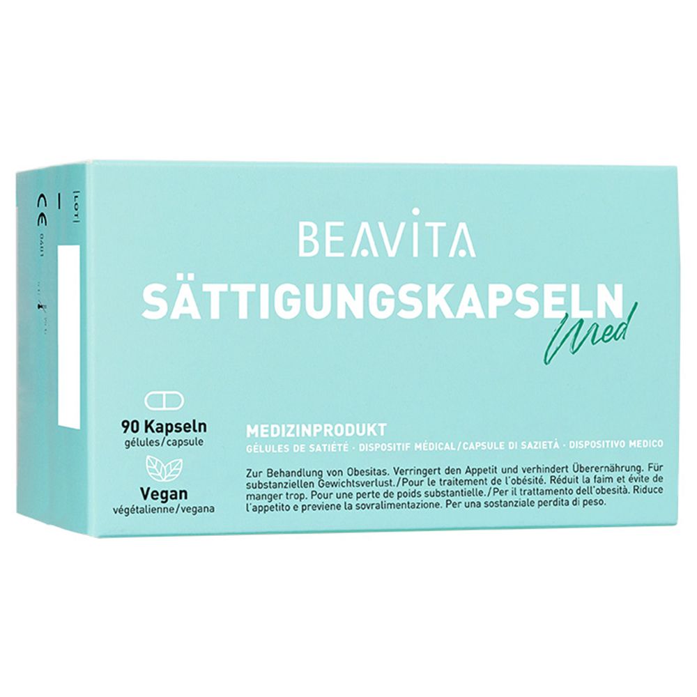 Lichtblauwe doos met "BEAVITA Sättigungskapseln Med". Bevat 90 capsules, vegan. Medisch hulpmiddel.