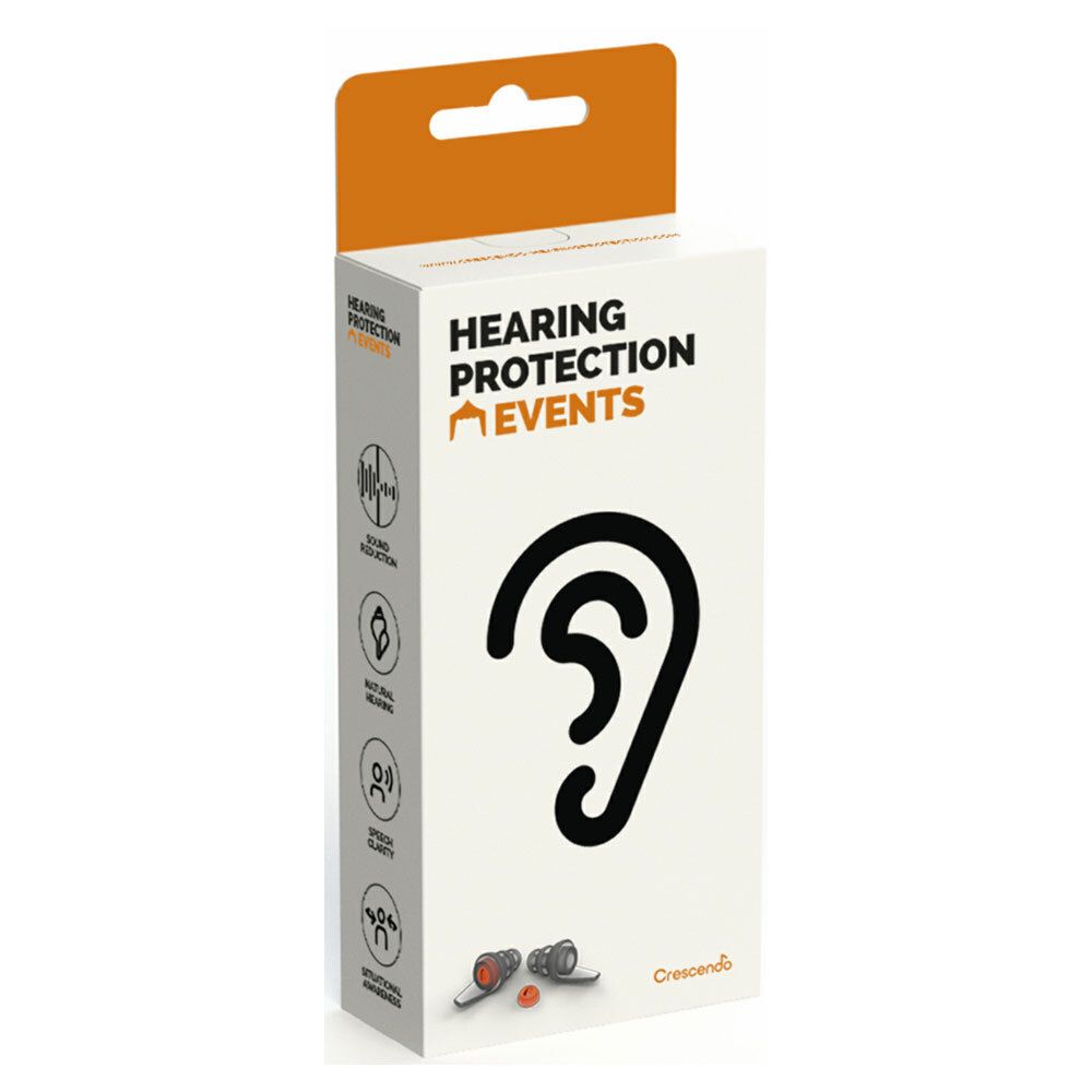 Emballage de protection auditive pour événements avec symbole d'oreille et deux bouchons d'oreilles.