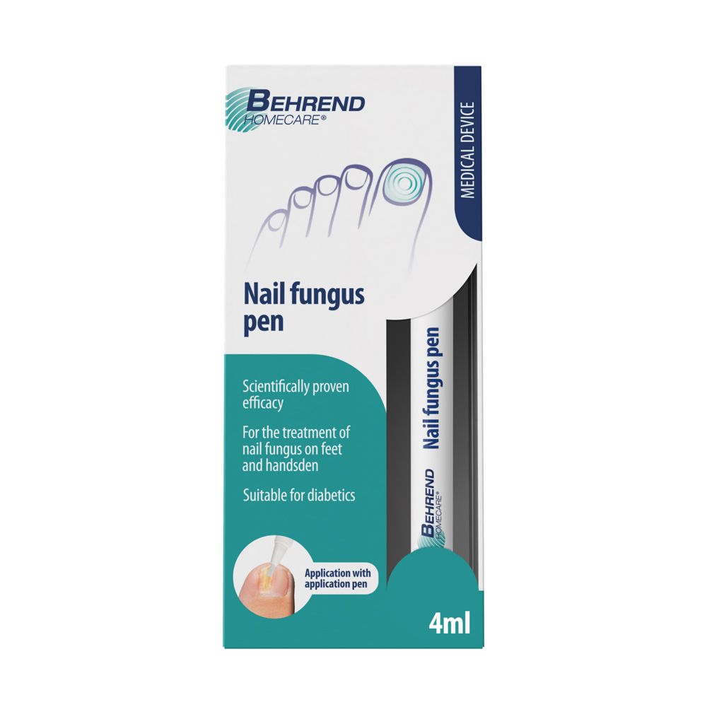 Behrend Homecare Nagelzwam pen en verpakking. Medisch hulpmiddel voor de behandeling van nagelschimmel.