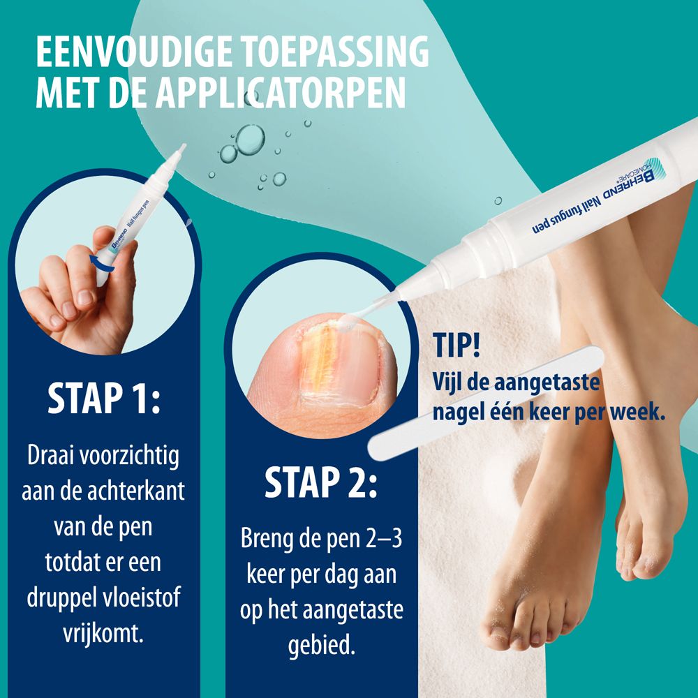 Toepassing van de Behrend Homecare Nagelzwam pen. Eenvoudige toepassing met de applicatorpen.