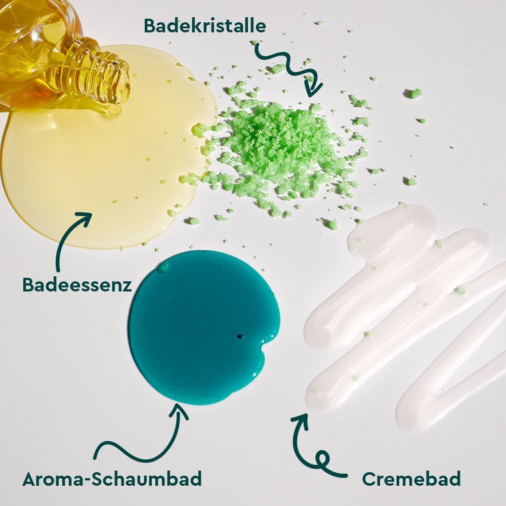 Verschillende badproducten: badessentie, badkristallen, aroma-schuimbad, crèmebad. Pijlbeschrijvingen.
