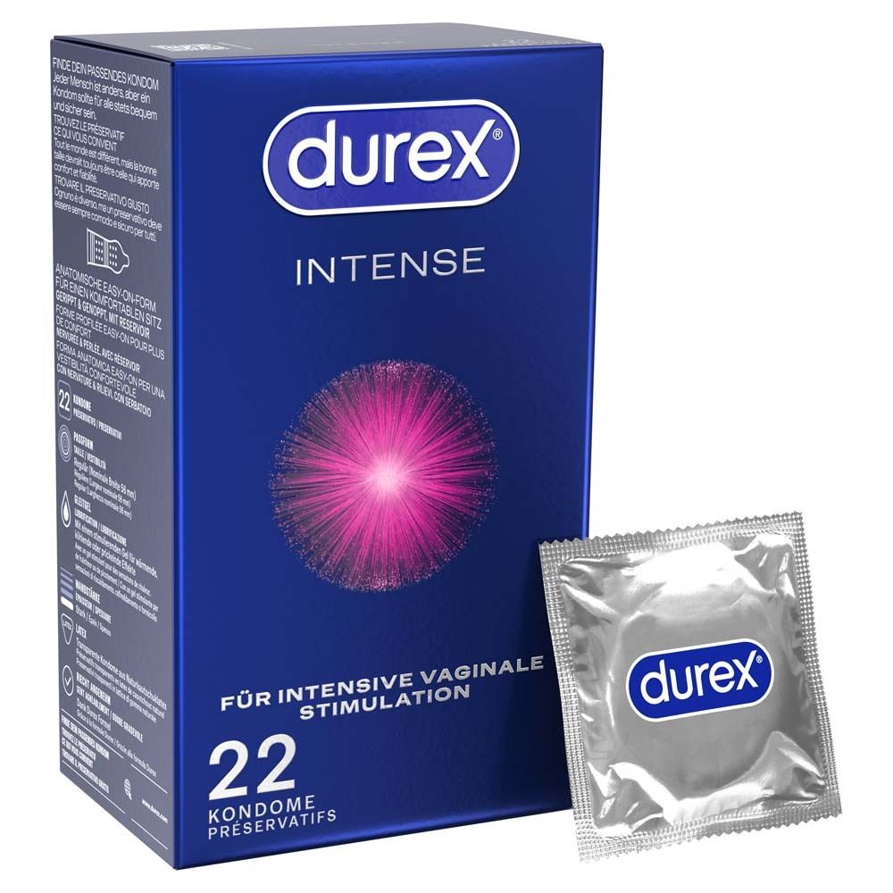 Boîte de préservatifs Durex Intense, 22 unités, et un préservatif emballé individuellement.