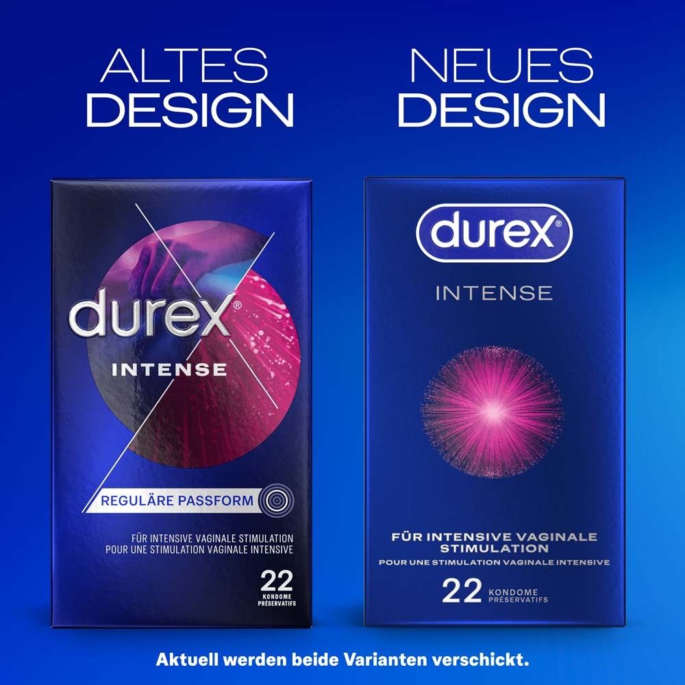 Deux paquets de préservatifs Durex Intense comparés : ancien et nouveau design. Les deux paquets indiquent 22 préservatifs.