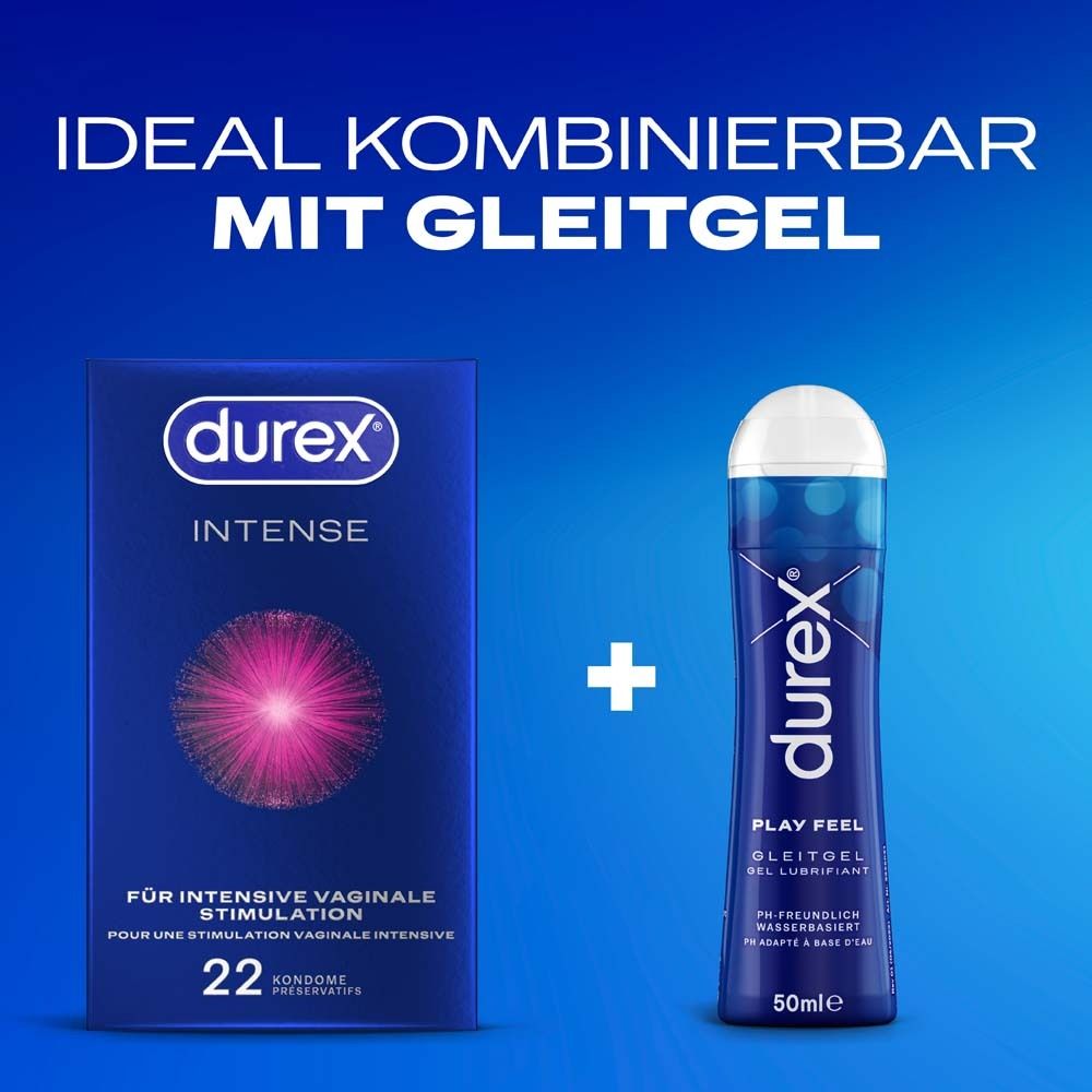Boîte de préservatifs Durex Intense (22) et flacon de lubrifiant Durex Play Feel.
