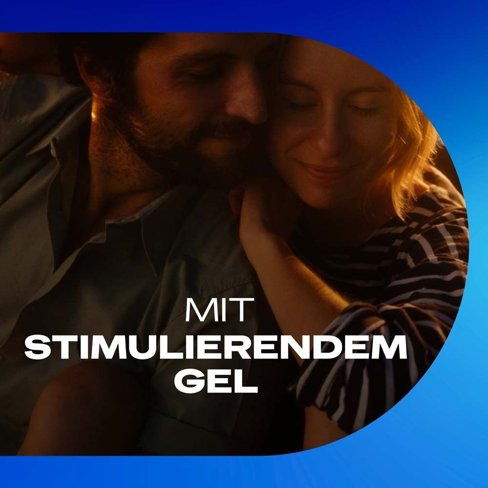 Homme et femme dans une étreinte intime, avec texte "MIT STIMULIERENDEM GEL".
