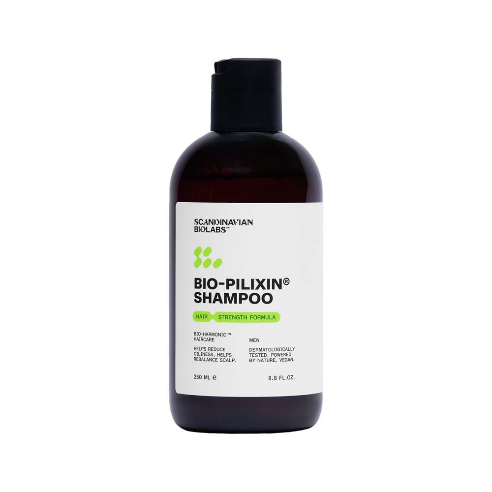 Flacon de shampooing brun. Inscription : Scandinavian Biolabs, Bio-Pilixin Shampoo pour hommes.