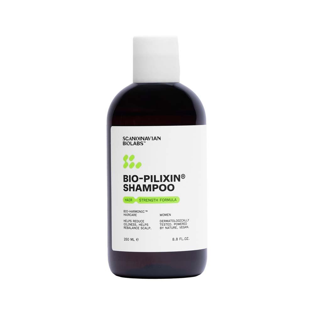 Flacon de shampooing brun. Inscription : Scandinavian Biolabs, Bio-Pilixin Shampoo. 250 ml.
