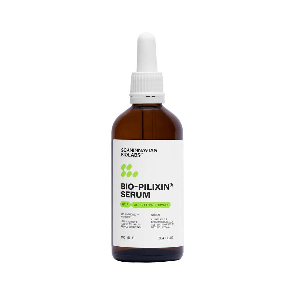 Bruine fles met witte dop en etiket. Op het etiket staat Bio-Pilixin Serum.