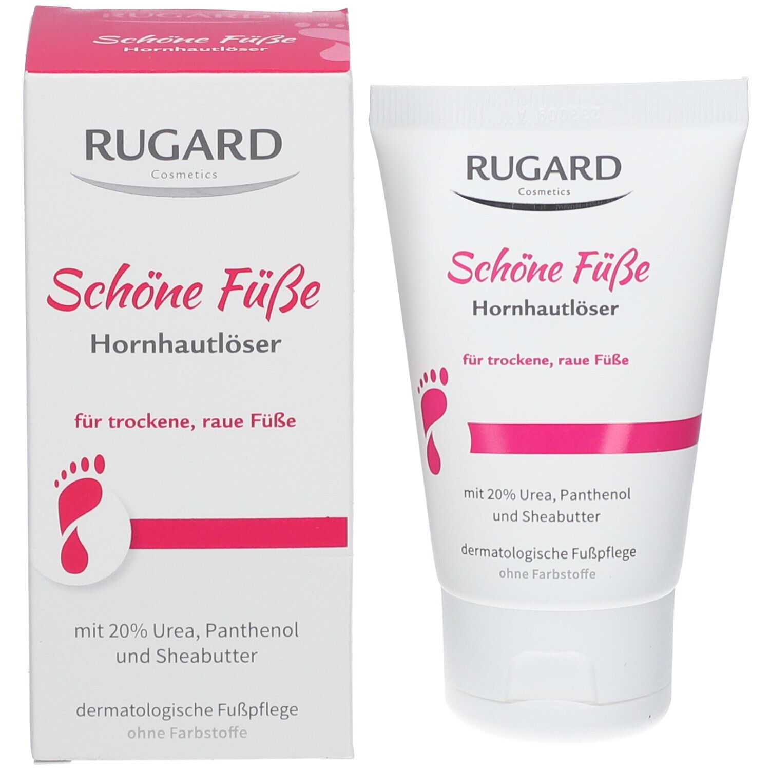 Emballage du produit: tube et boîte. Tube: blanc, accents roses. Boîte: blanc, rose. Inscription: RUGARD, Schöne Füße Hornhautlöser.
