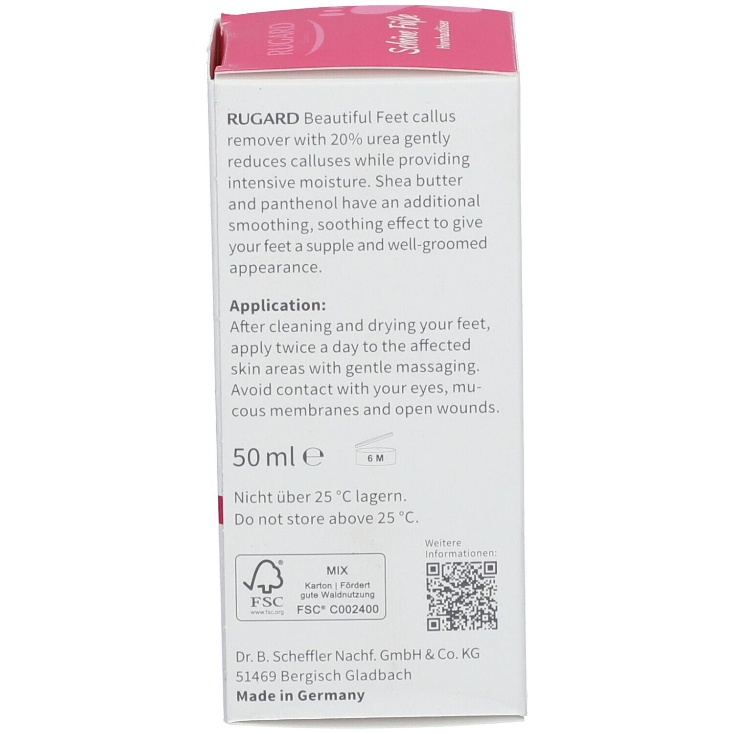 Dos de l'emballage en carton. Texte: RUGARD Beautiful Feet Callus remover. Conseils d'utilisation. 50 ml. Certification FSC.