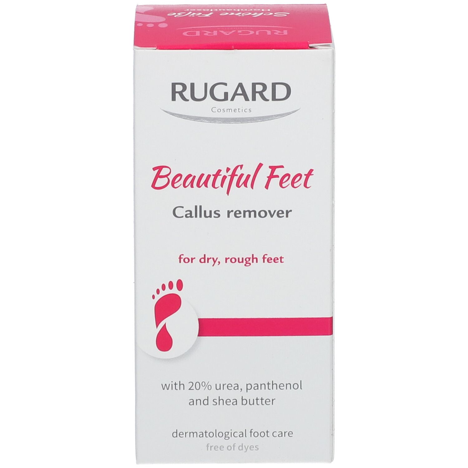 Emballage en carton. Blanc avec accents roses. Inscription: RUGARD Beautiful Feet Callus remover. Pour pieds secs et rugueux. Symbole d'empreinte de pied.