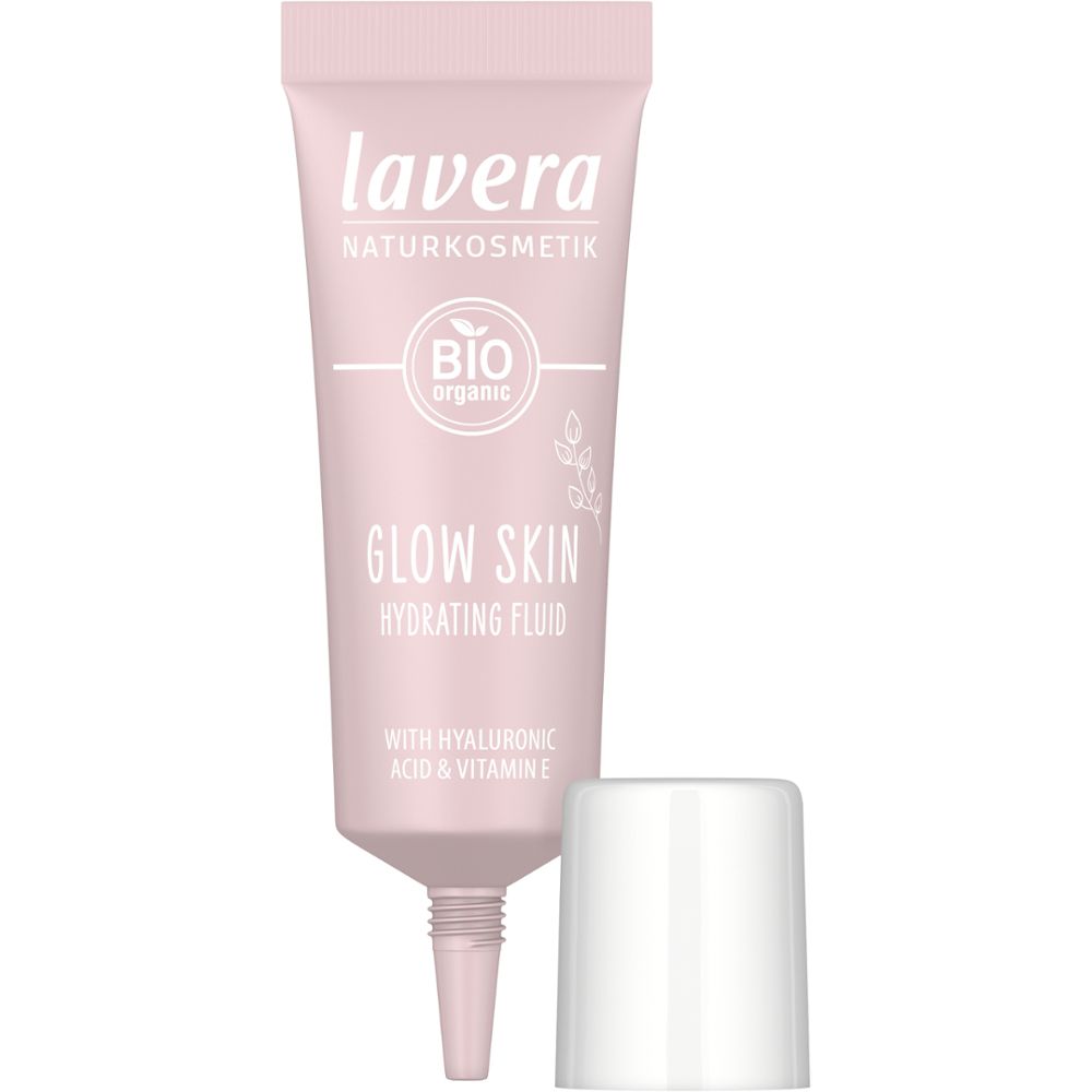 Tube rose avec bouchon blanc. Inscription: lavera, BIO organic, GLOW SKIN, Hydrating Fluid, avec acide hyaluronique & vitamine E.