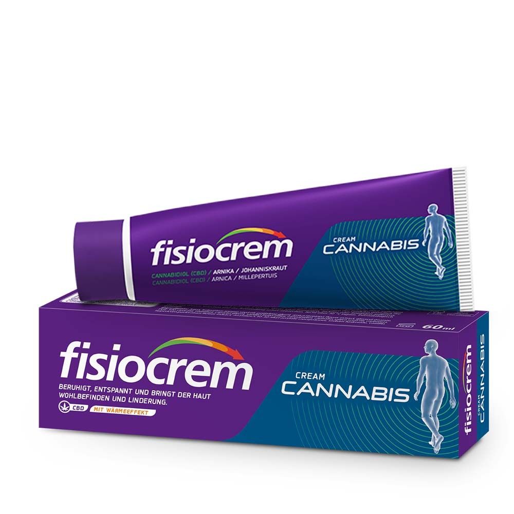 Fisiocrem Cannabis Crème tube en doosje met menselijke silhouet.