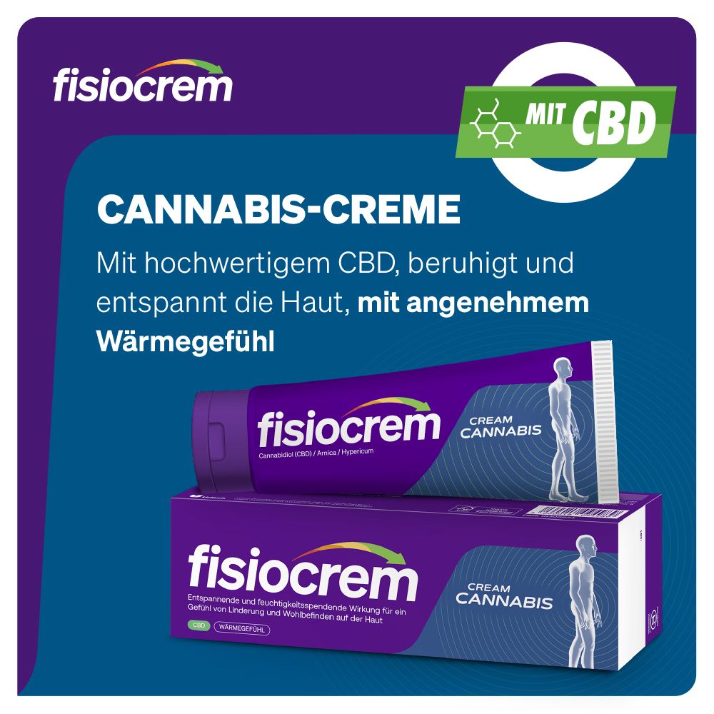 Fisiocrem Cannabis Crème met CBD-zegel, tube en doosje.