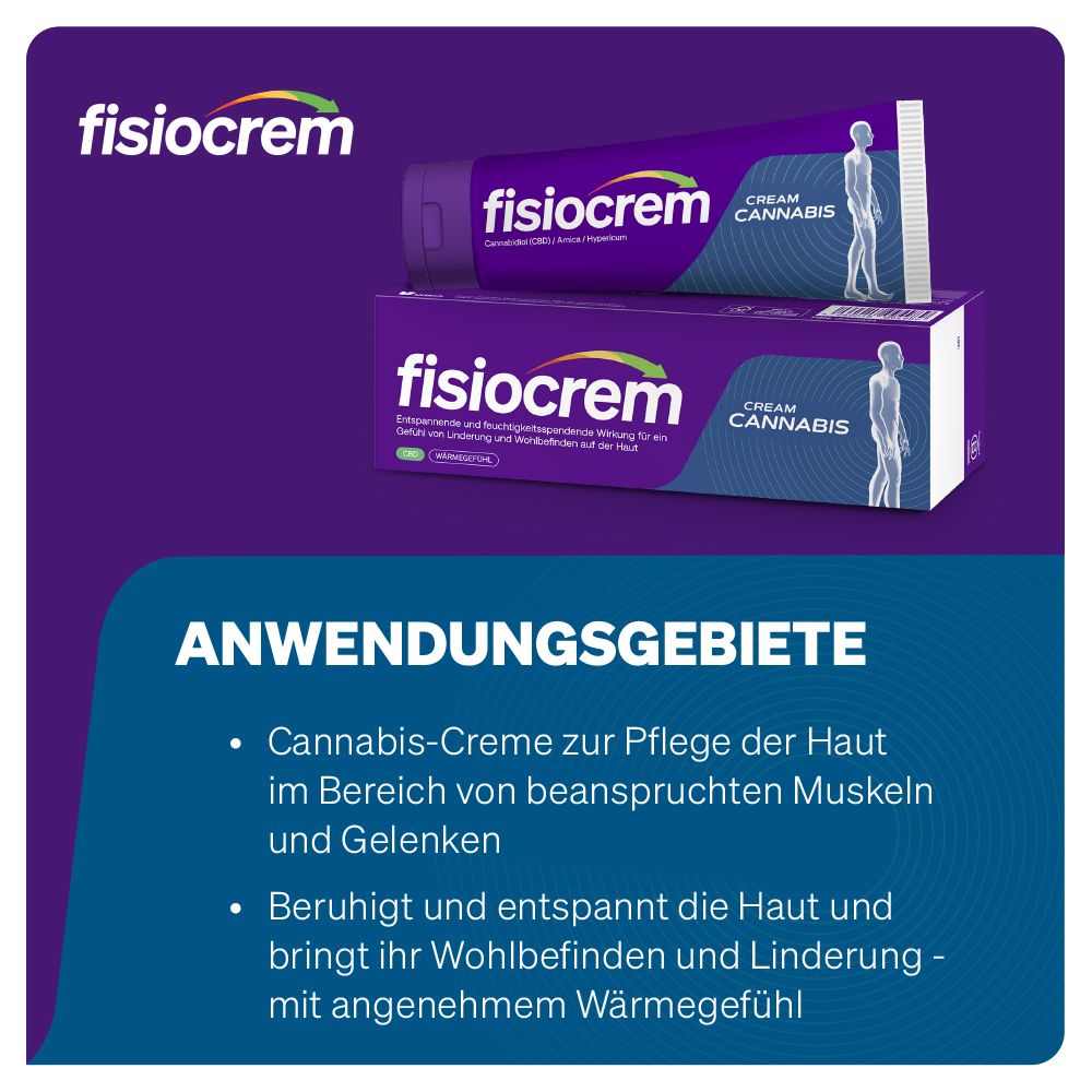 Fisiocrem Cannabis Crème: toepassingsgebieden op paarse achtergrond.