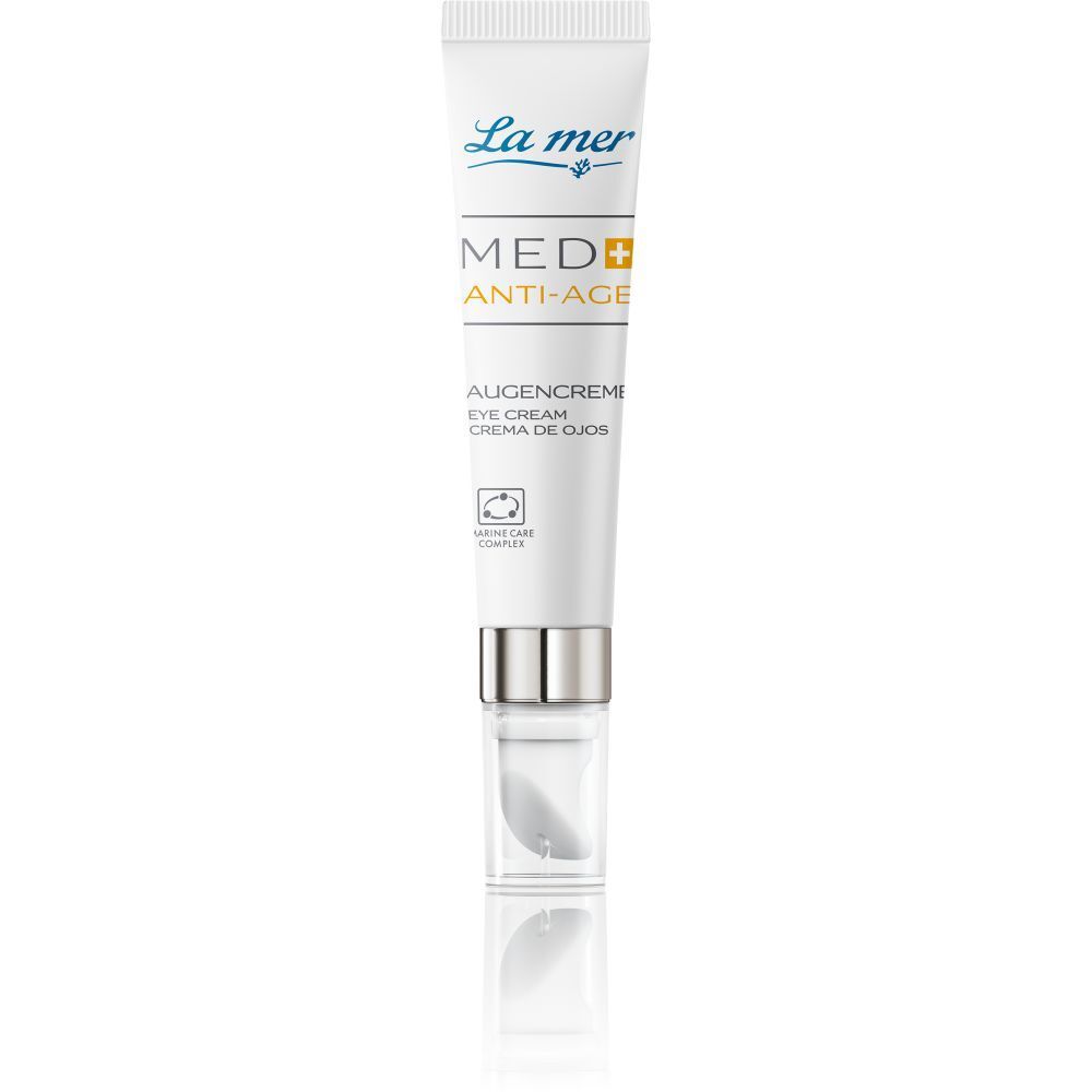 Witte tube La mer® Med+ Anti-Age Augencreme. Zilveren sluiting met applicator. Tekst: Augencreme, Eye Cream, Crema de Ojos.