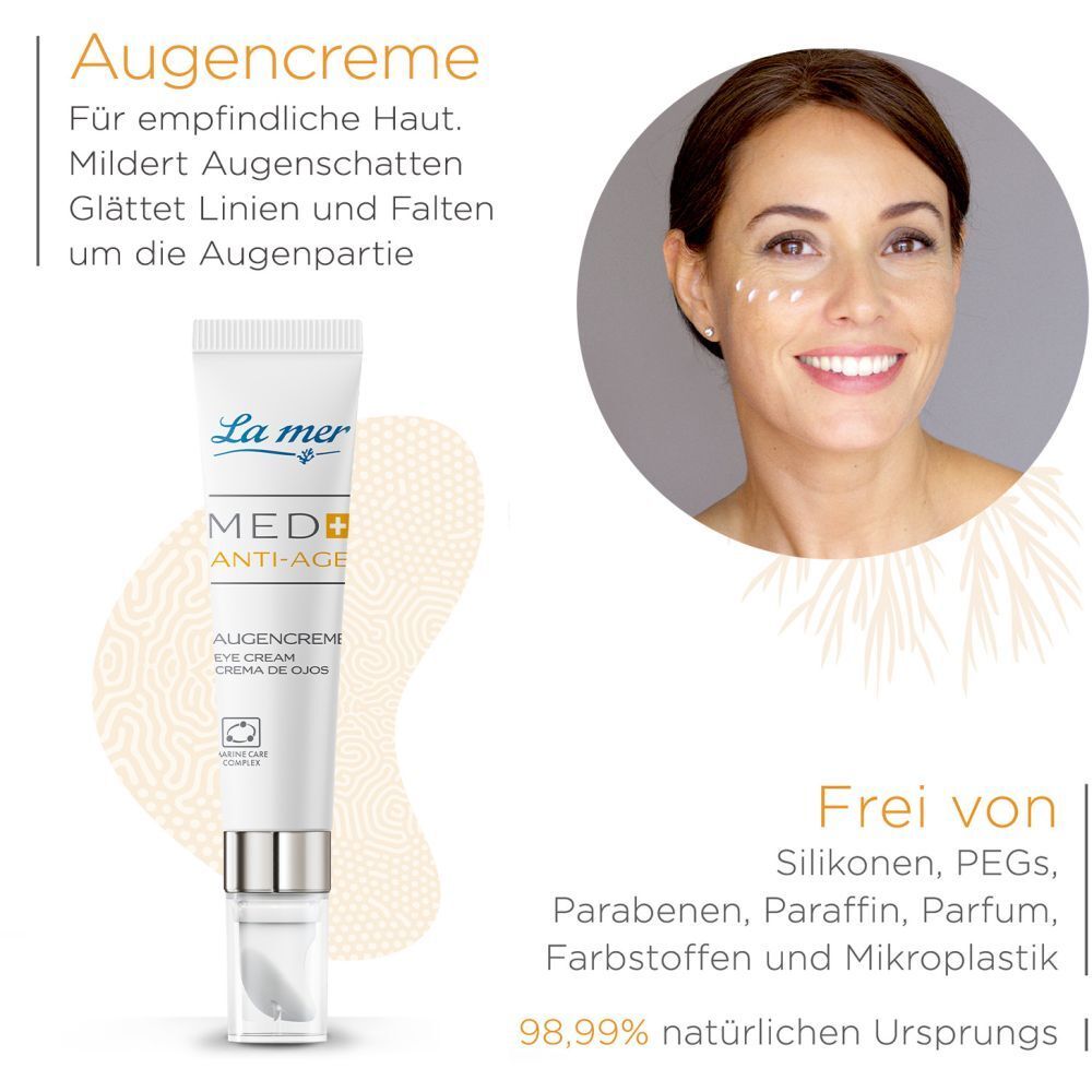 Vrouw met oogcrème. Tekst: Oogcrème voor gevoelige huid. Vermindert donkere kringen, verzacht lijntjes. Vrij van siliconen, PEGs, parabenen, paraffine, parfum.