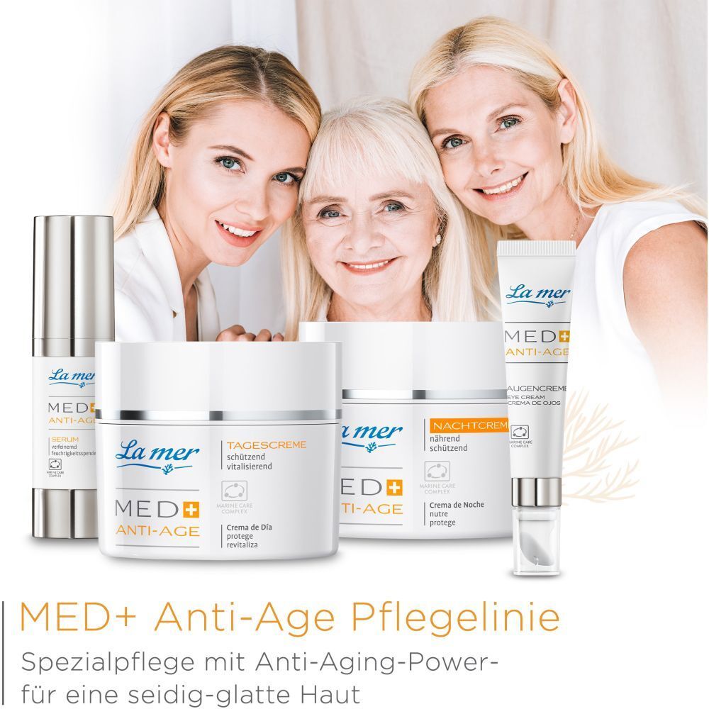 Productlijn La mer® Med+ Anti-Age. Producten: oogcrème, dagcrème, nachtcrème. Tekst: MED+ Anti-Age verzorgingslijn. Speciale verzorging voor een zijdezachte huid.