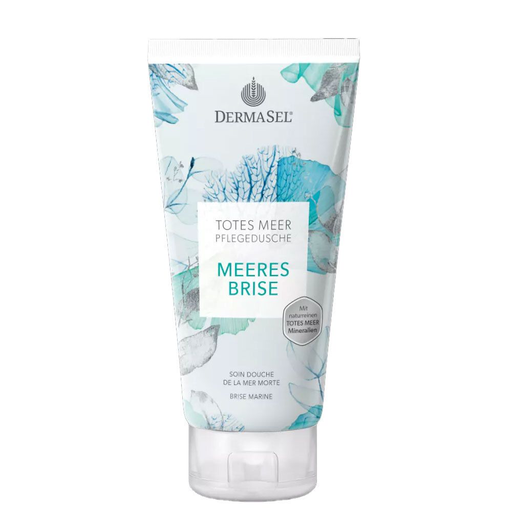 Tube blanche et bleue avec motif floral. Texte: DERMASEL, Totes Meer Pflegedusche Meeresbrise. Avec minéraux.