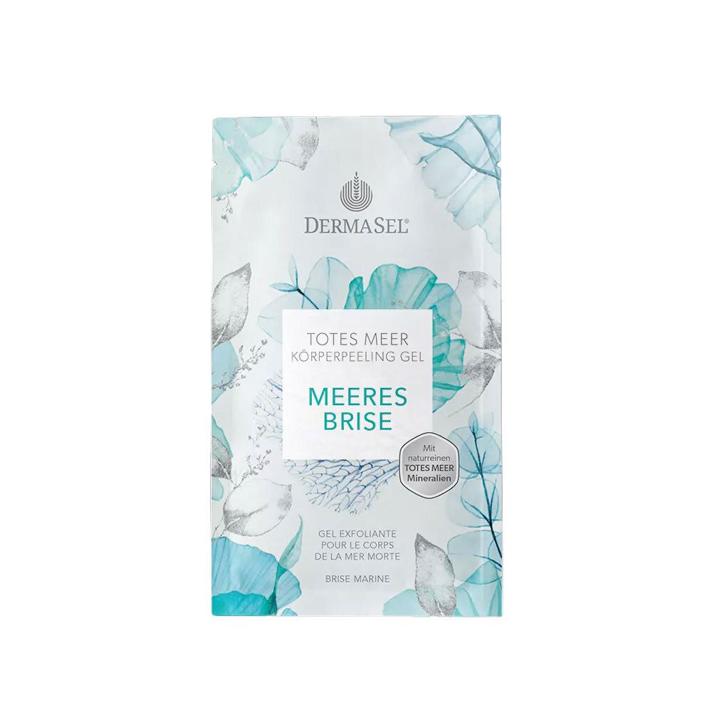 Zakje DERMASEL® lichaamsscrubgel Meeresbrise. Voorkant met bloemmotief en productnaam.