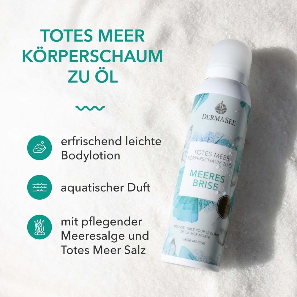 Flacon de produit avec texte : Totes Meer Körperschaum zu Öl Meeresbrise. Caractéristiques : rafraîchissant, aquatique, au sel marin.