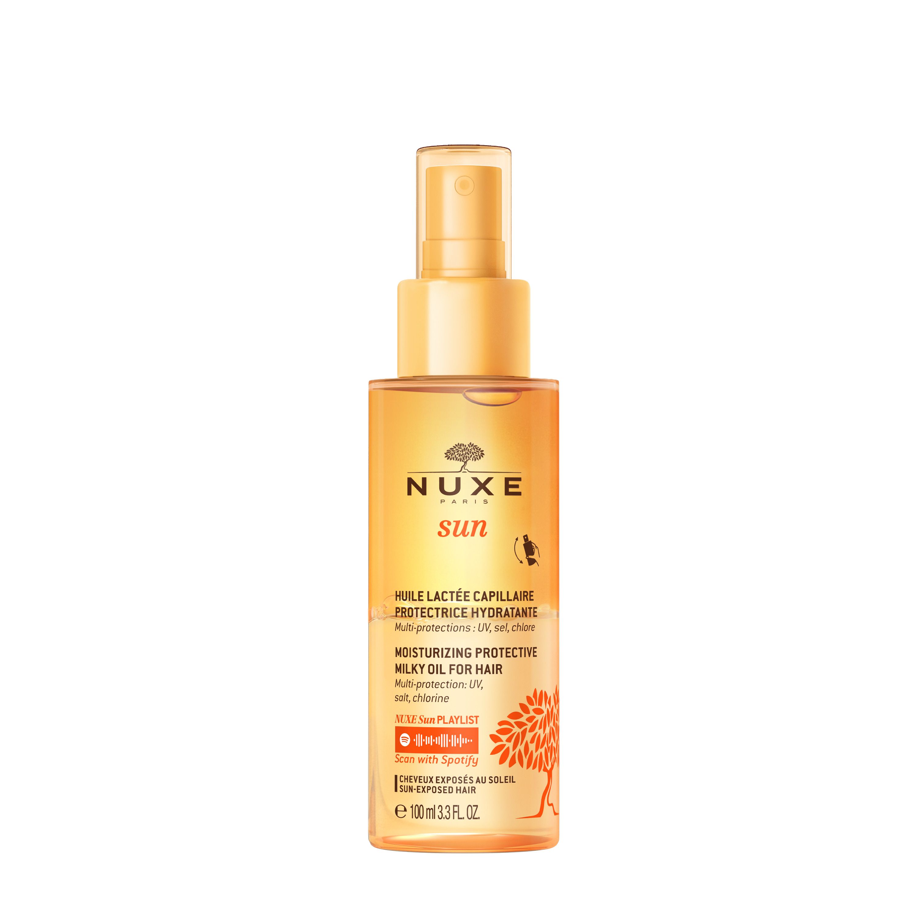 Flacon jaune avec vaporisateur. Texte: NUXE Sun, huile capillaire. Multi-protection: UV, sel, chlore. 100 ml.