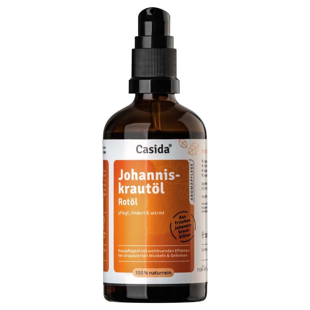 Bruine glazen fles met zwarte pomp. Etiket met productnaam en merk Casida®.