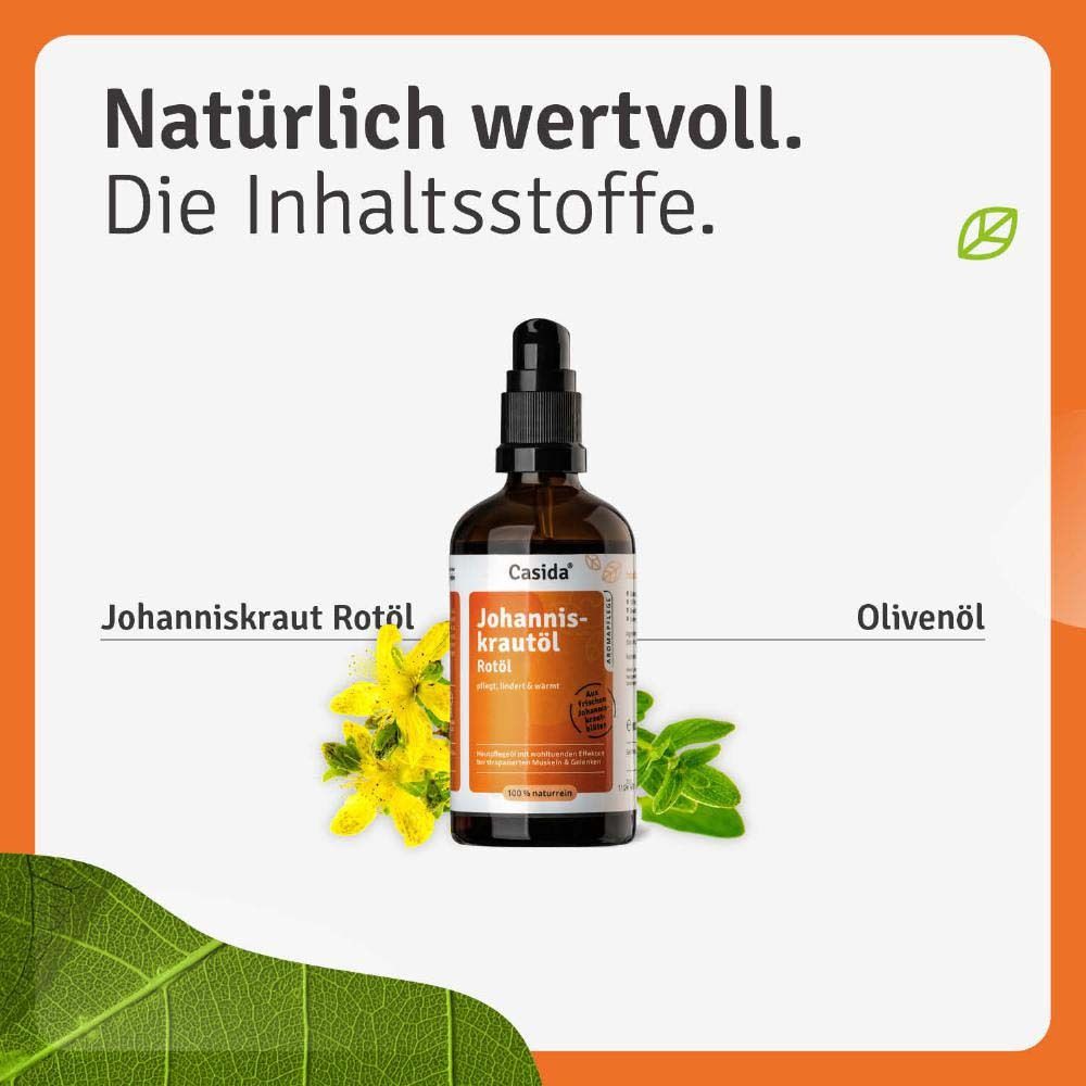 Productfles met Sint-Janskruidolie, daarnaast Sint-Janskruidbloemen en olijfolie. Tekst: Natuurlijk waardevol.