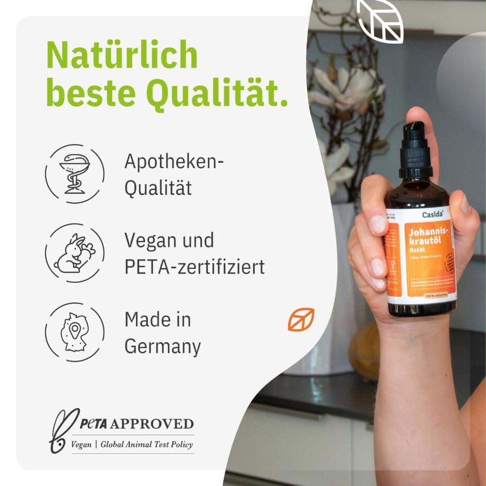Productfles in hand. Tekst: Natuurlijk de beste kwaliteit. Apotheekkwaliteit, veganistisch, PETA-gecertificeerd, Made in Germany.