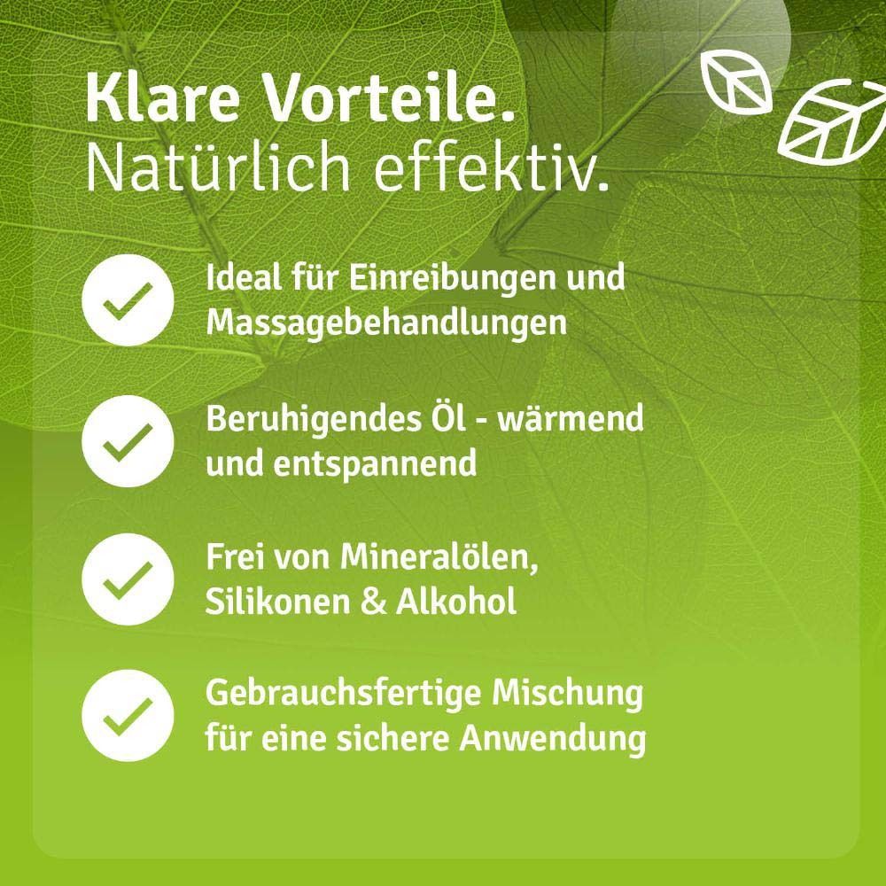 Productfles met tekst: Duidelijke voordelen. Natuurlijk effectief. Ideaal voor inwrijvingen en massagebehandelingen.