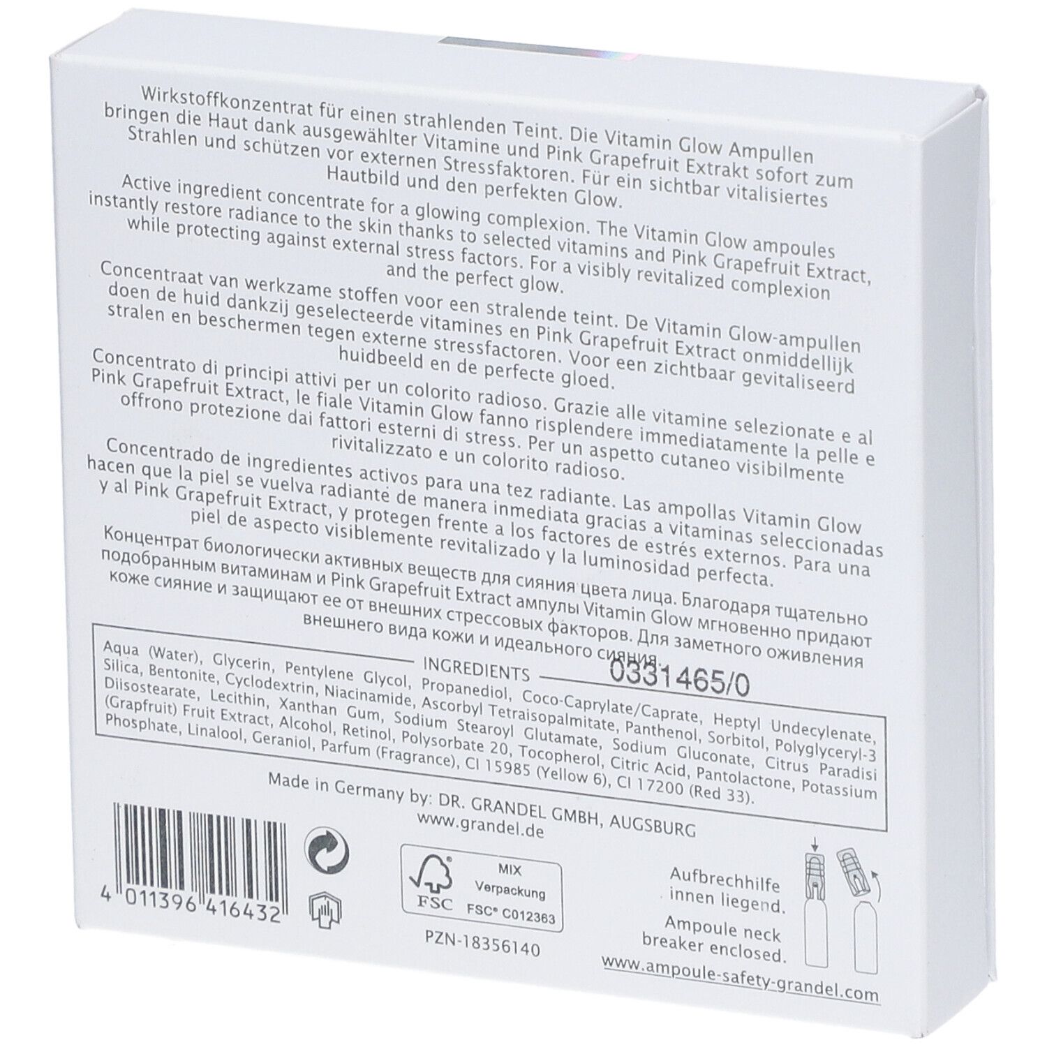 Dos de la boîte blanche. Texte multilingue. Ingrédients et informations du fabricant visibles.