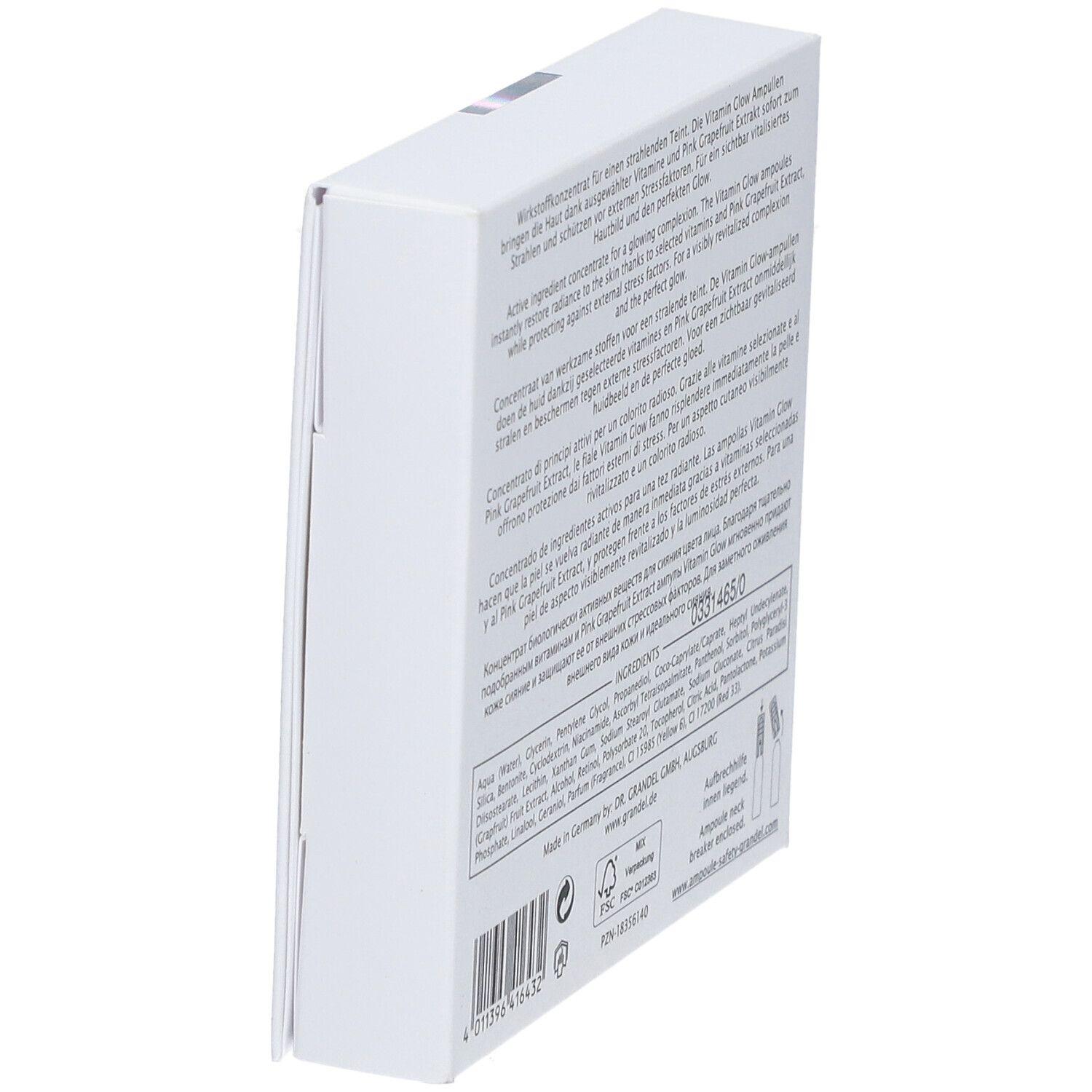 Vue oblique du dos de la boîte blanche. Texte multilingue. Ingrédients et informations du fabricant.
