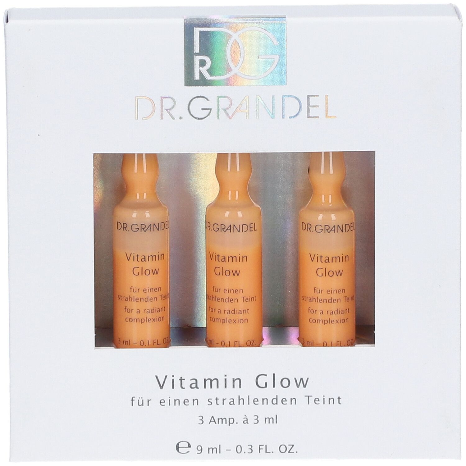 Boîte blanche avec trois ampoules. Fenêtre montrant un liquide orange. Inscription : Vitamin Glow.