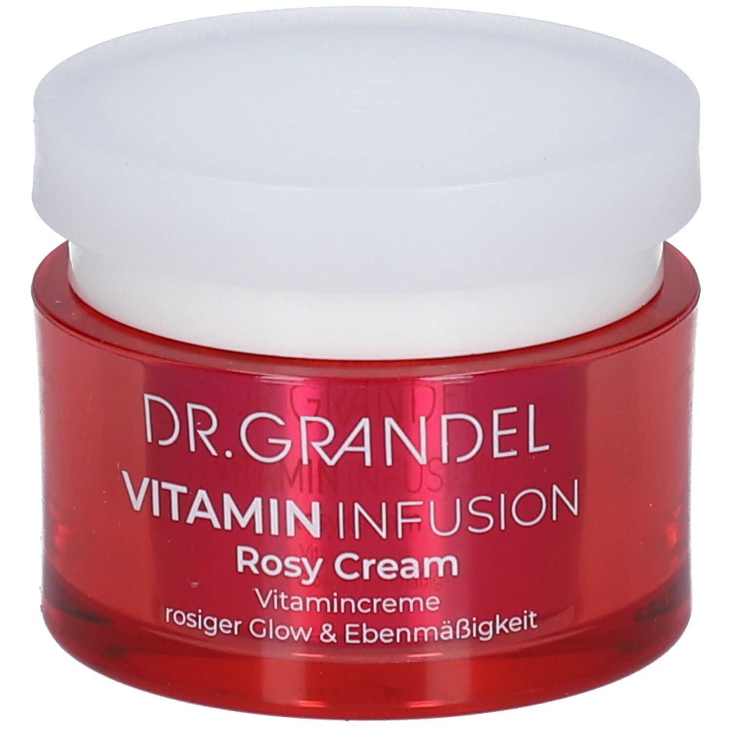 Pot rouge avec couvercle blanc. Inscription: DR. GRANDEL Vitamin Infusion Rosy Cream. Crème vitaminée pour un éclat rosé et uniforme.