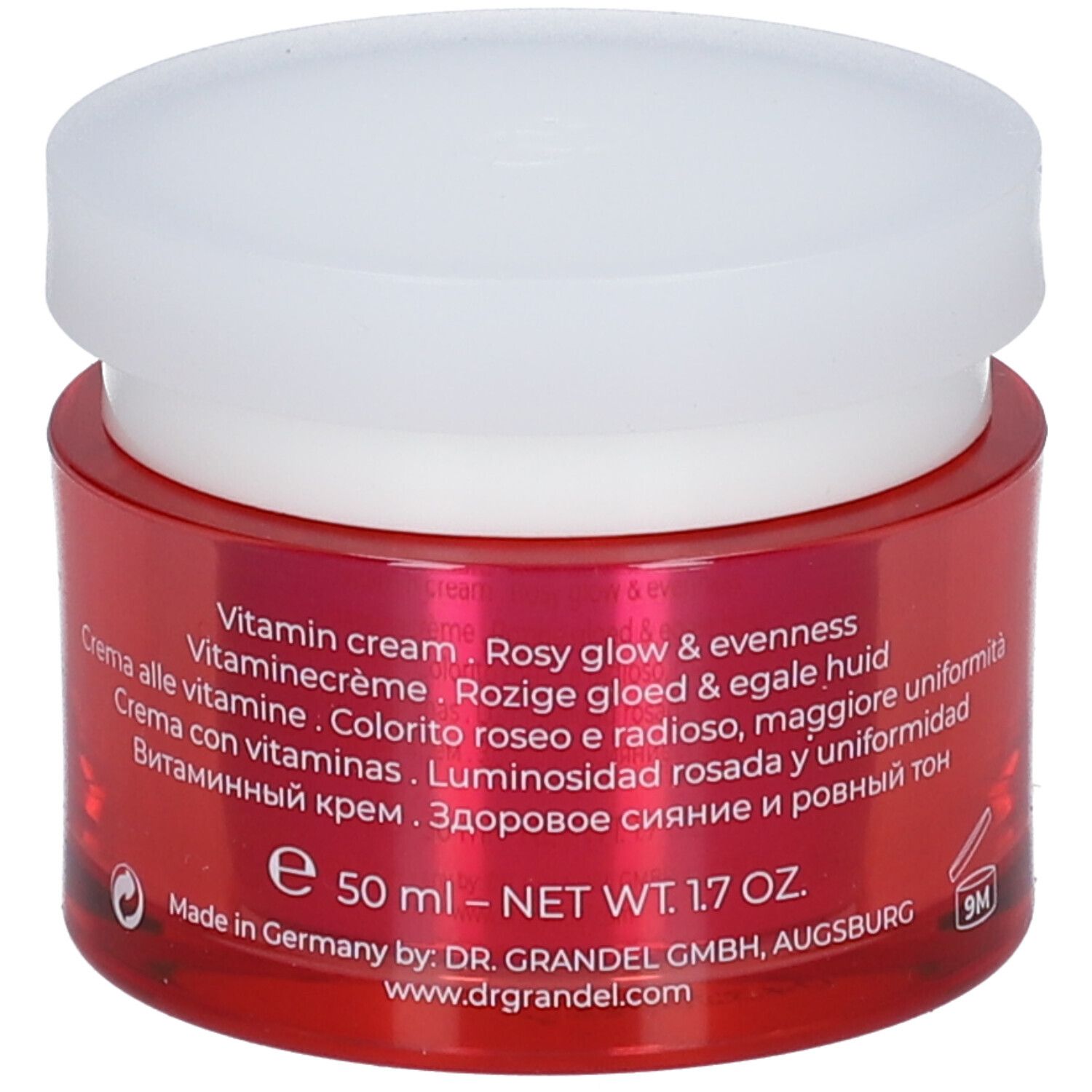 Pot rouge avec couvercle blanc. Inscription: DR. GRANDEL Vitamin Infusion Rosy Cream. Texte en plusieurs langues. 50 ml.