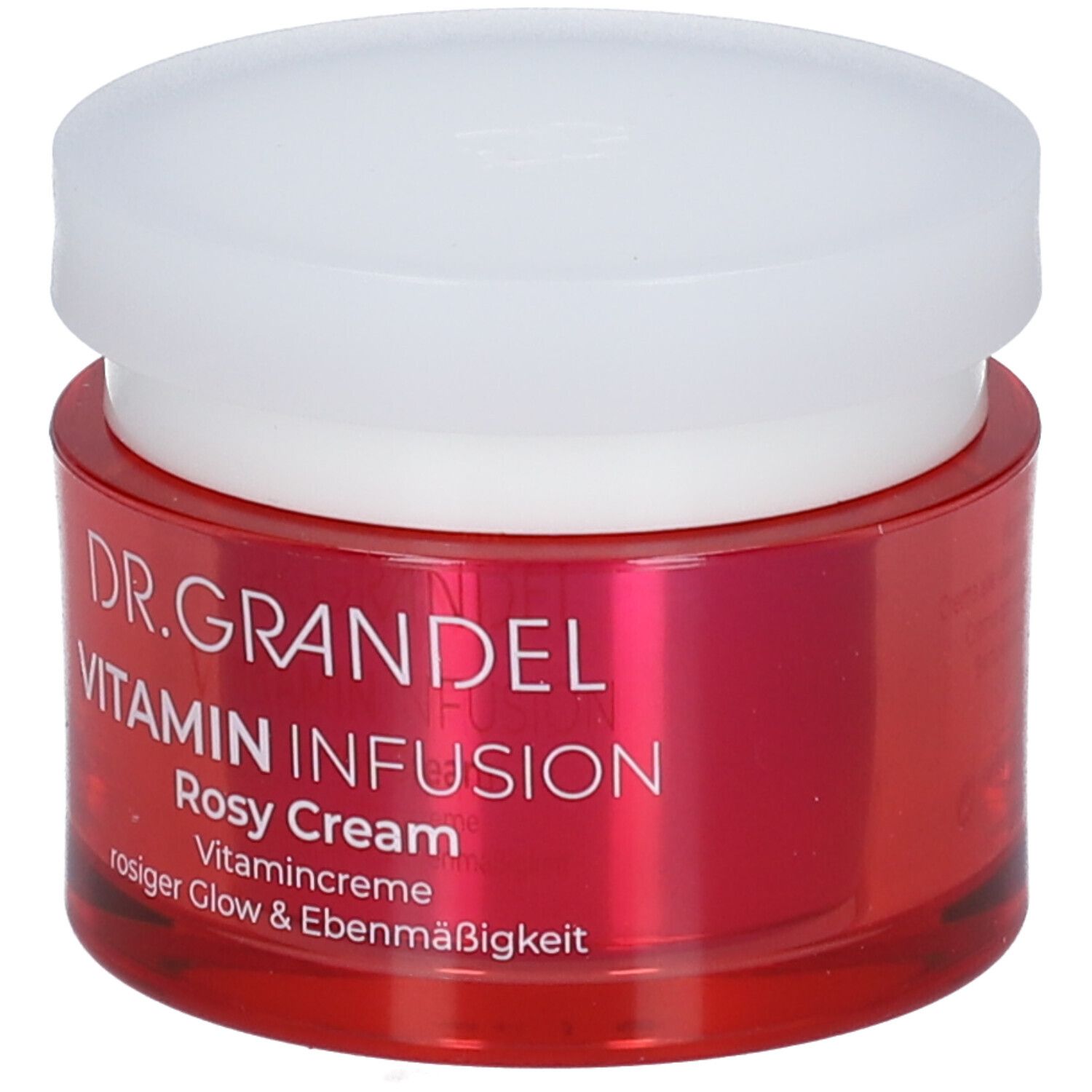 Pot rouge avec couvercle blanc. Inscription: DR. GRANDEL Vitamin Infusion Rosy Cream. Crème vitaminée pour un éclat rosé et uniforme.