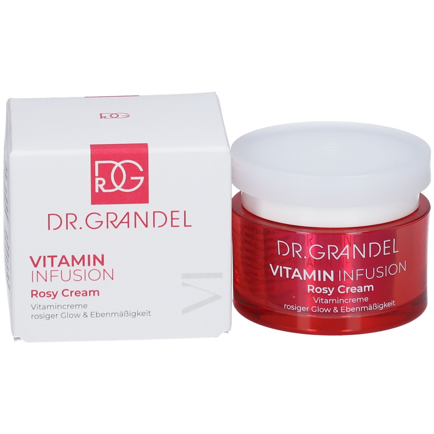 Pot rouge avec couvercle blanc et boîte. Inscription: DR. GRANDEL Vitamin Infusion Rosy Cream. Crème vitaminée pour un éclat rosé et uniforme.