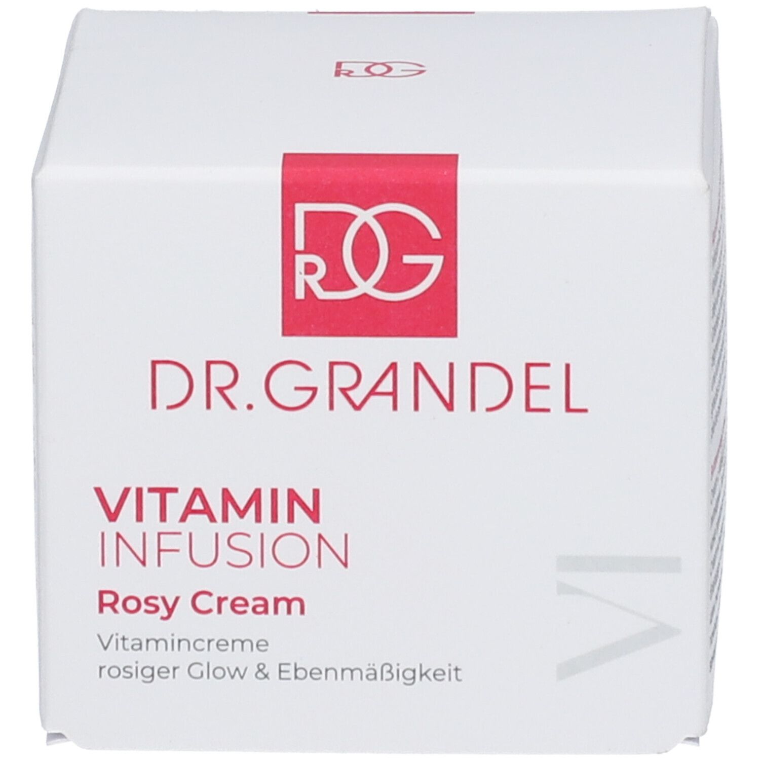 Boîte blanche avec logo rouge et inscription: DR. GRANDEL Vitamin Infusion Rosy Cream. Crème vitaminée pour un éclat rosé et uniforme.