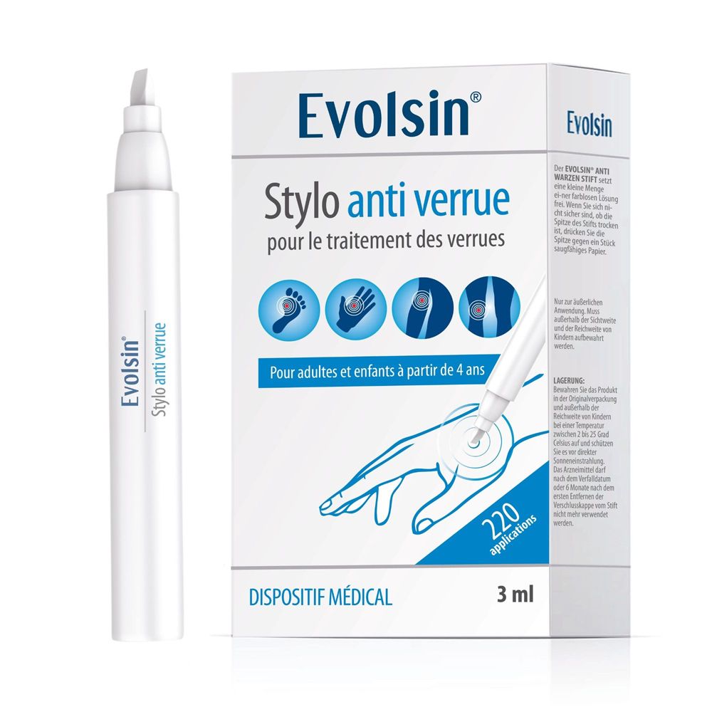 Evolsin Anti-wrattenstift verpakking met afbeeldingen van wratten op voet, hand en knie.