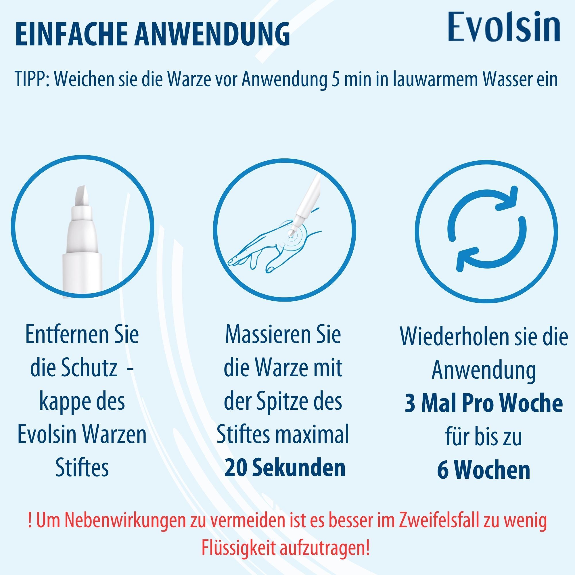 Infographic: Eenvoudig gebruik. Stappen voor het aanbrengen van de wrattenpen. Illustraties en tekst.