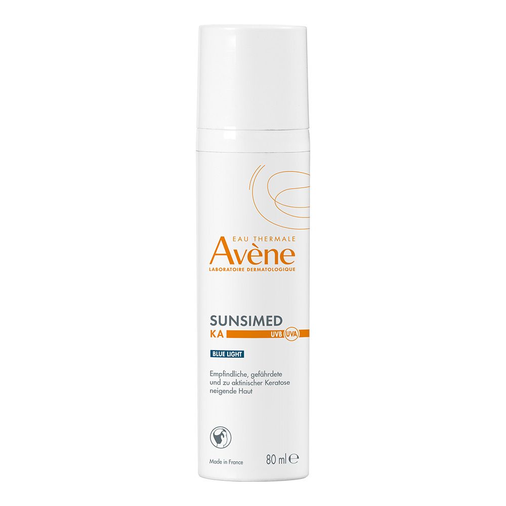 Witte fles zonnebrand. Merk Avène, Sunsimed KA. Tekst: Blue Light, 80 ml.