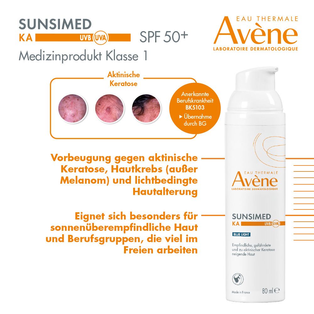 Zonnebrand Avène Sunsimed KA. Tekst: SPF 50+, Medisch hulpmiddel klasse 1. Huid afbeeldingen.
