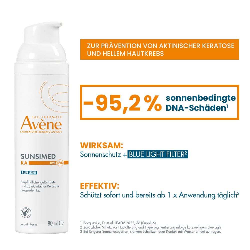 Zonnebrand Avène Sunsimed KA. Tekst: -95,2% DNA-schade. Effectief: zonbescherming + Blue Light Filter.