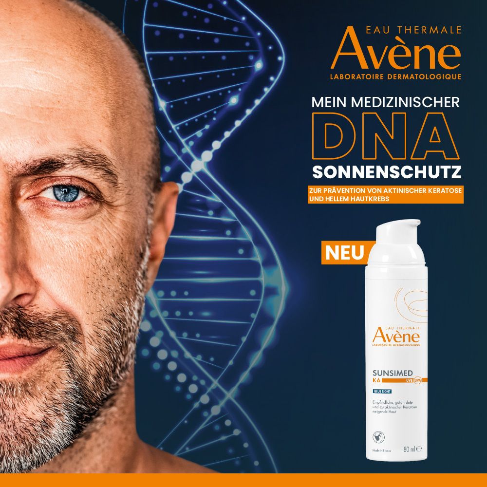 Man met gezichtshelft. Zonnebrand Avène Sunsimed KA. Tekst: Mijn medische DNA-zonbescherming.