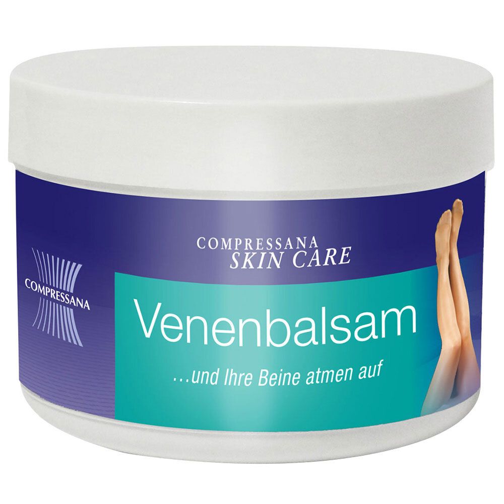 Witte pot met blauwe band. Opschrift: Venenbalsam, Compressana. Afbeelding: benen.