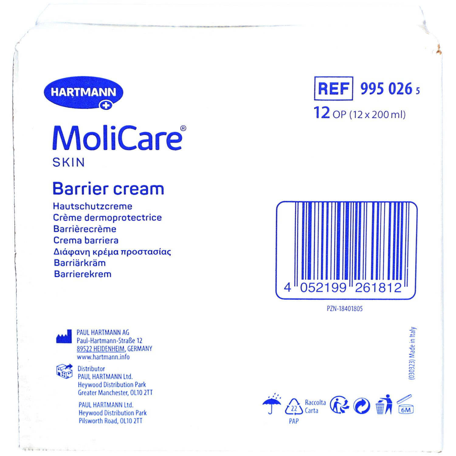 Crème barrière MoliCare Skin, boîte de 12 x 200 ml.