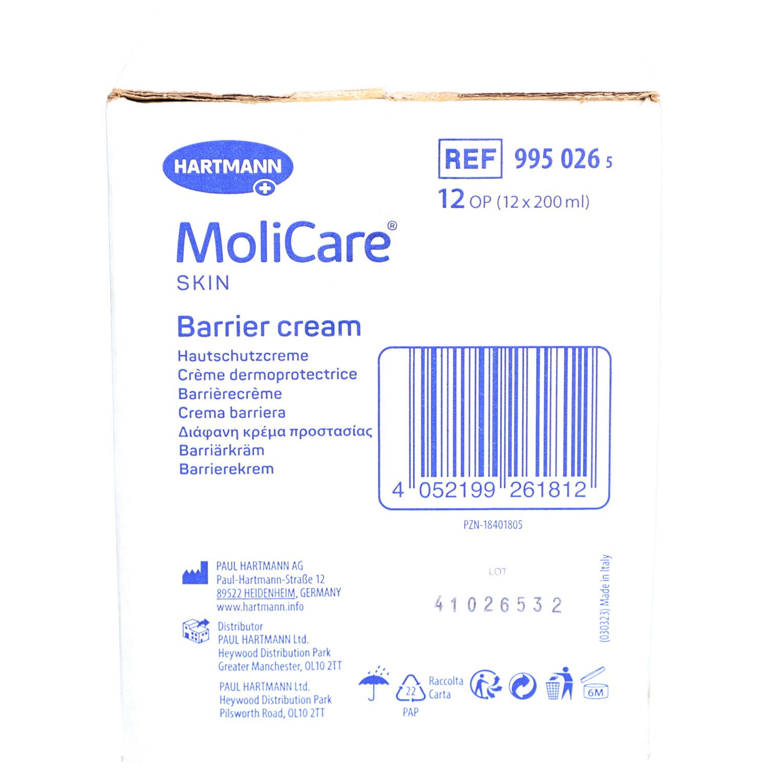 Crème barrière MoliCare Skin, boîte de 12 x 200 ml.