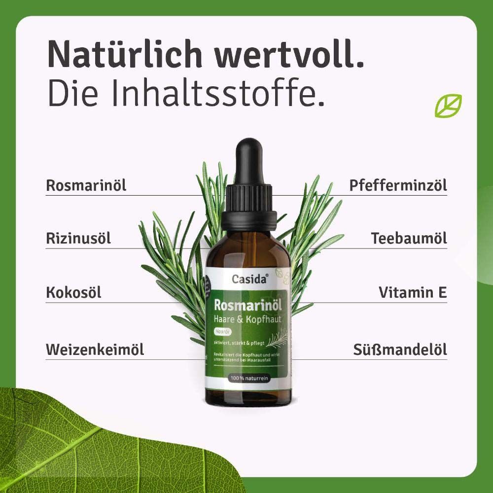 Bruine glazen fles met druppelaar, met rozemarijnolie voor haar & hoofdhuid. Ingrediëntenlijst: rozemarijnolie, ricinusolie, kokosolie, tarwekiemolie, pepermuntolie, tea tree olie, vitamine E, amandelolie.